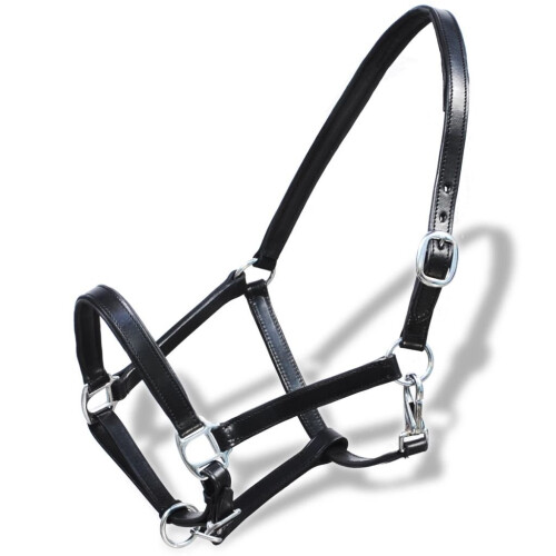 VidaXL Real Leather Headcollar Stable Halter Adjustable Soft Padded Black Full Horse