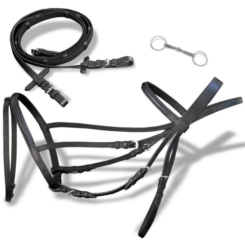VidaXL vidaXL Leather Flash Bridle with Reins and Bit Black Full Adjustable Length