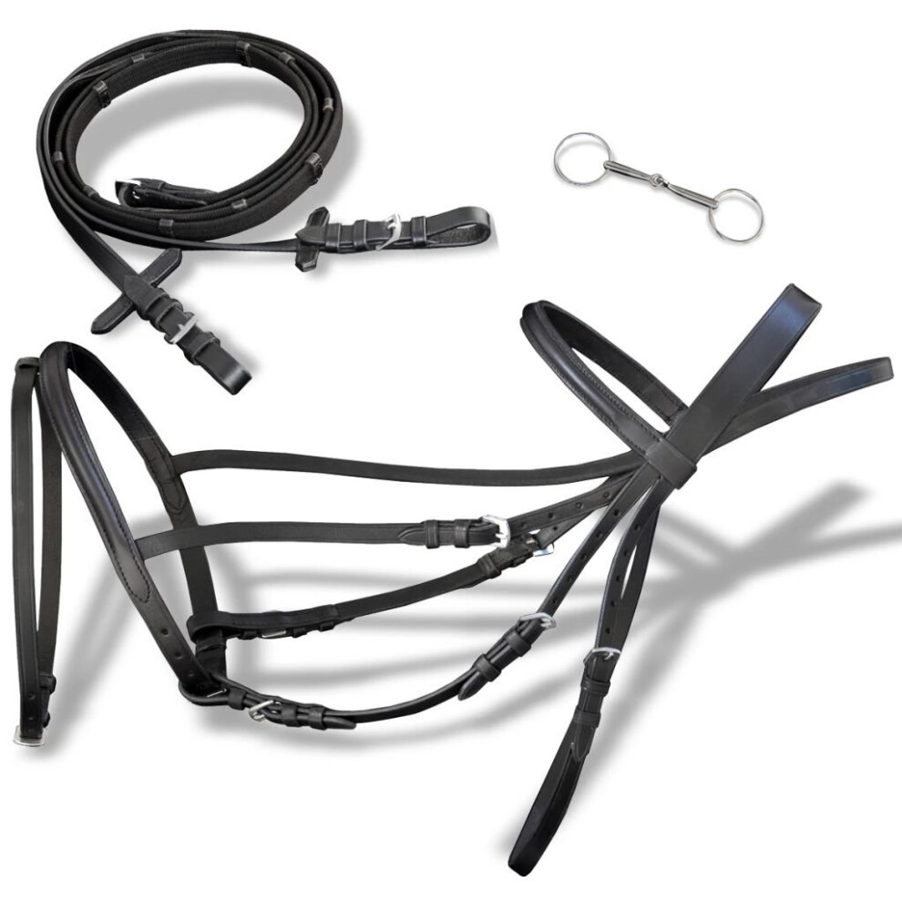 vidaXL Leather Flash Bridle with Reins and Bit Black Full Adjustable Length