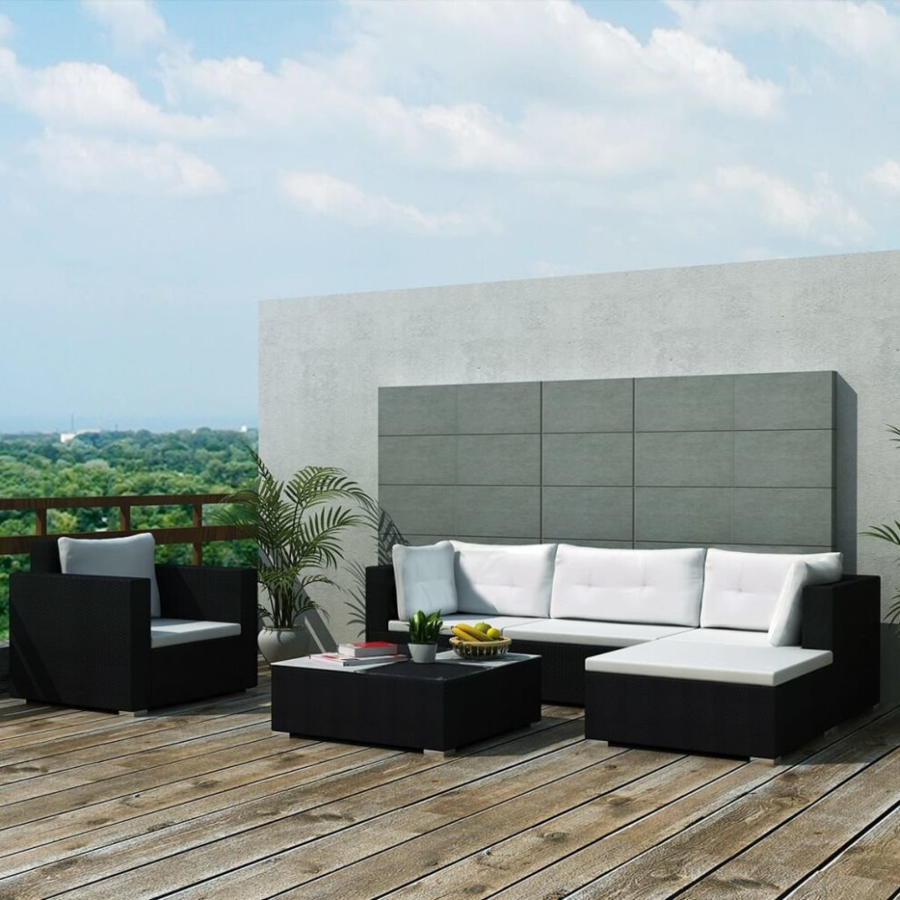 vidaXL Garden Lounge Set 6 Piece with Cushions Poly Rattan Black Sun Bed Sofa