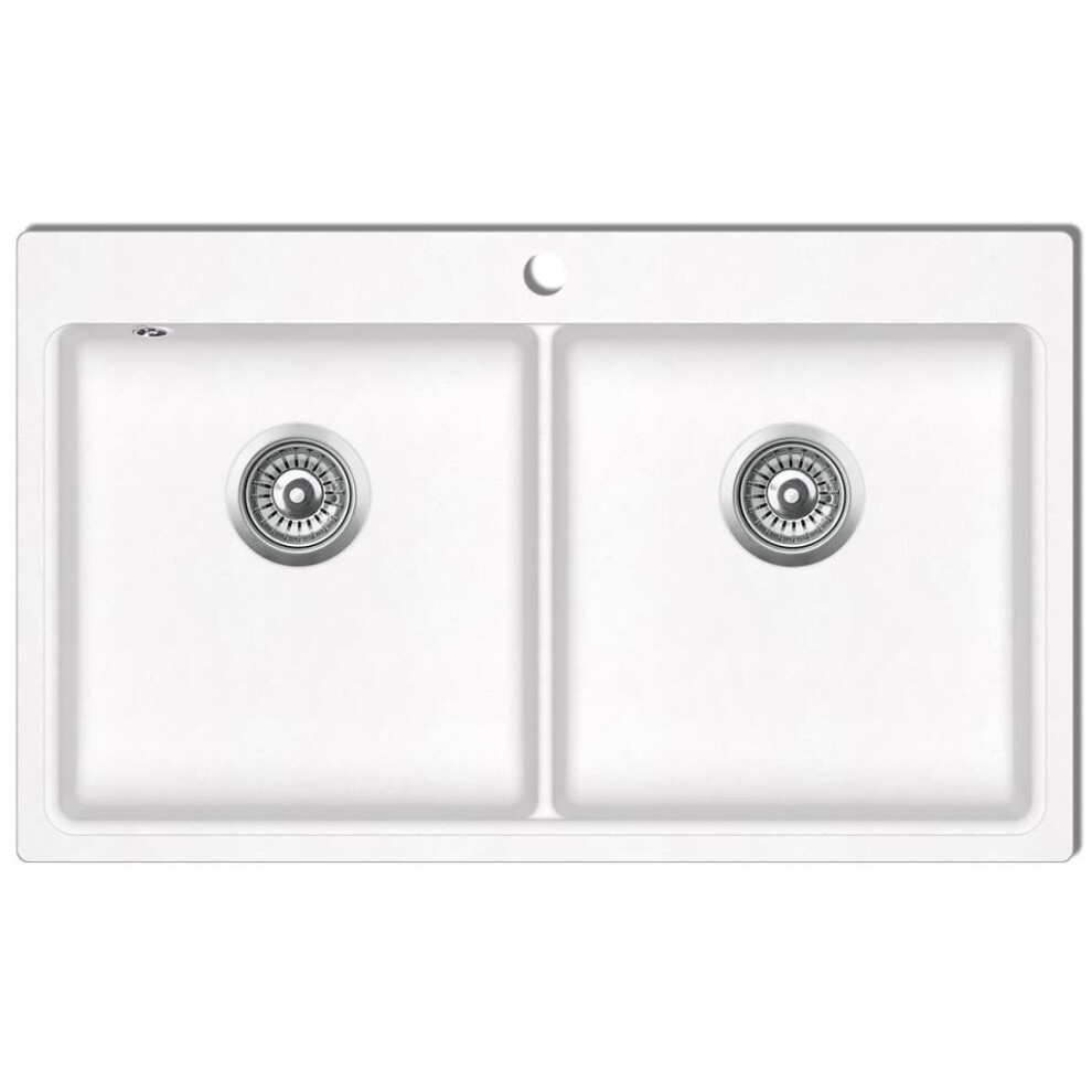 Overmount Kitchen Sink Double Basin Kit Granite Cream White 860 x 510 mm