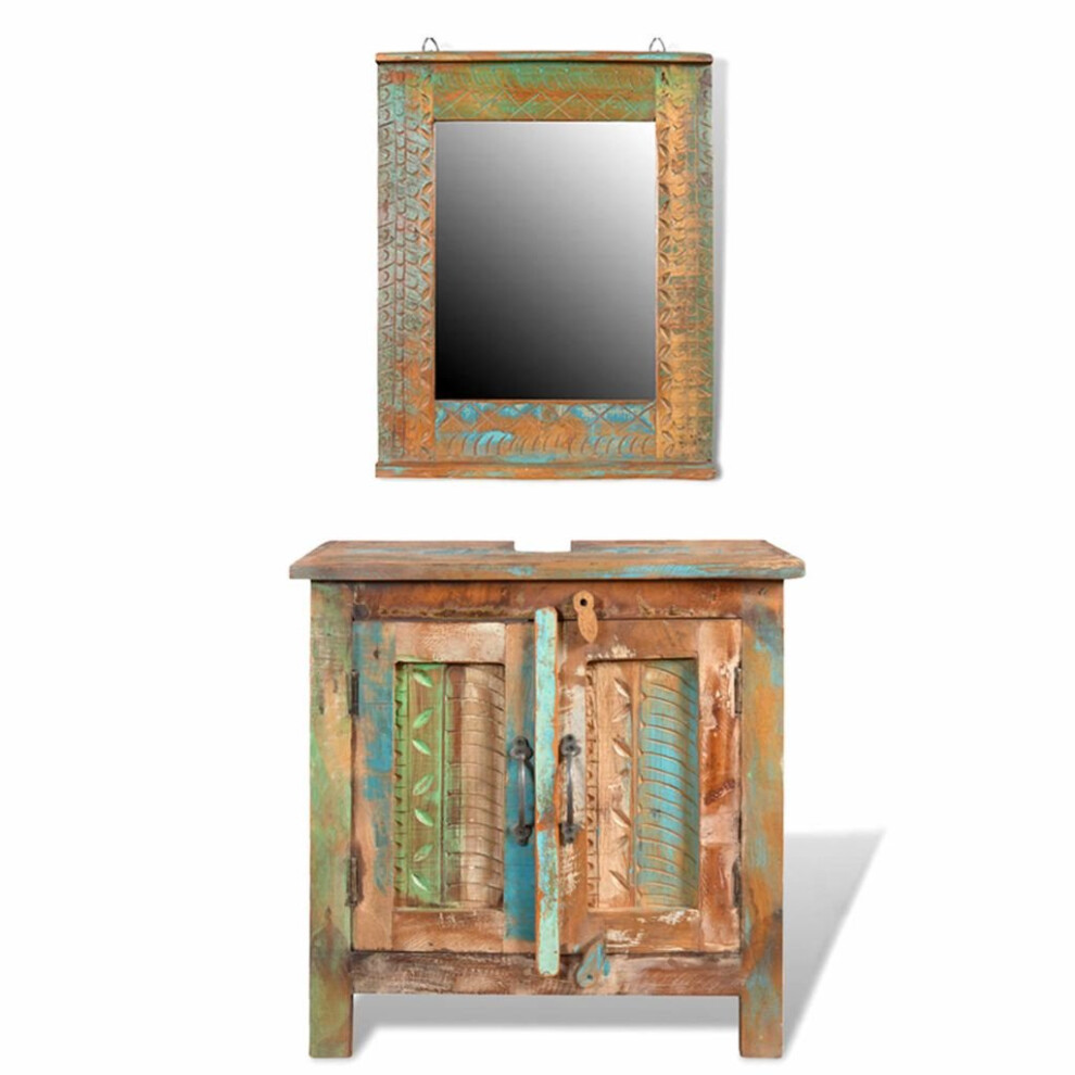 Reclaimed Solid Wood Bathroom Vanity Cabinet Unit Set with Mirror Storage