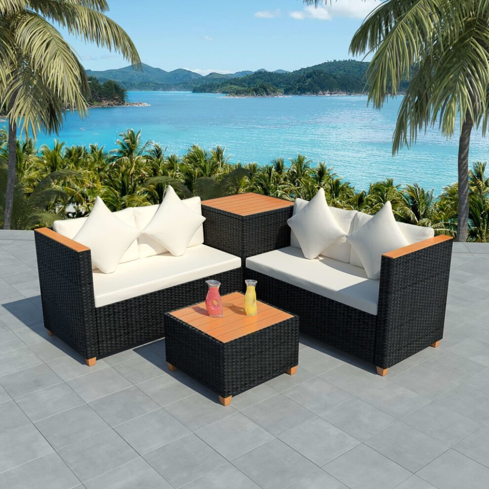 vidaXL Garden Lounge Set with Cushions 4 Piece Black Poly Rattan Sofa Table