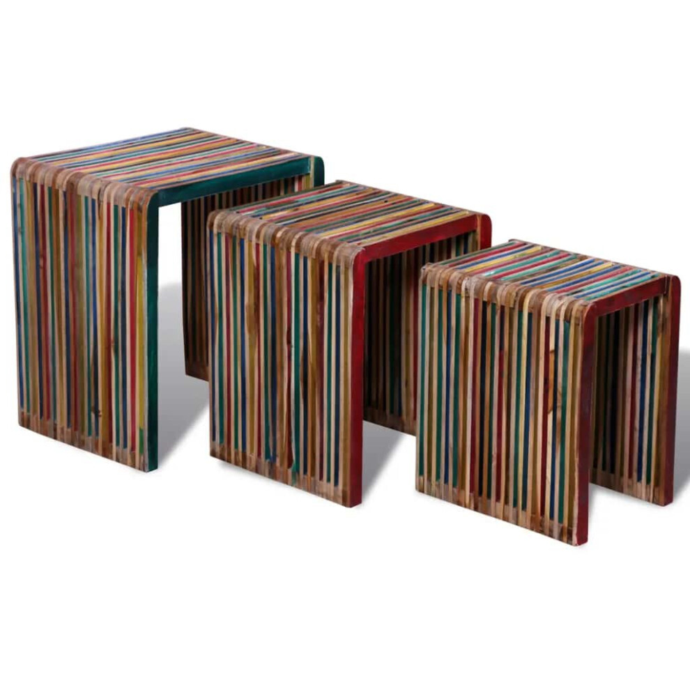 Set of 3 Wood Nesting Tables Colourful Reclaimed Teak Timeless Multicolour