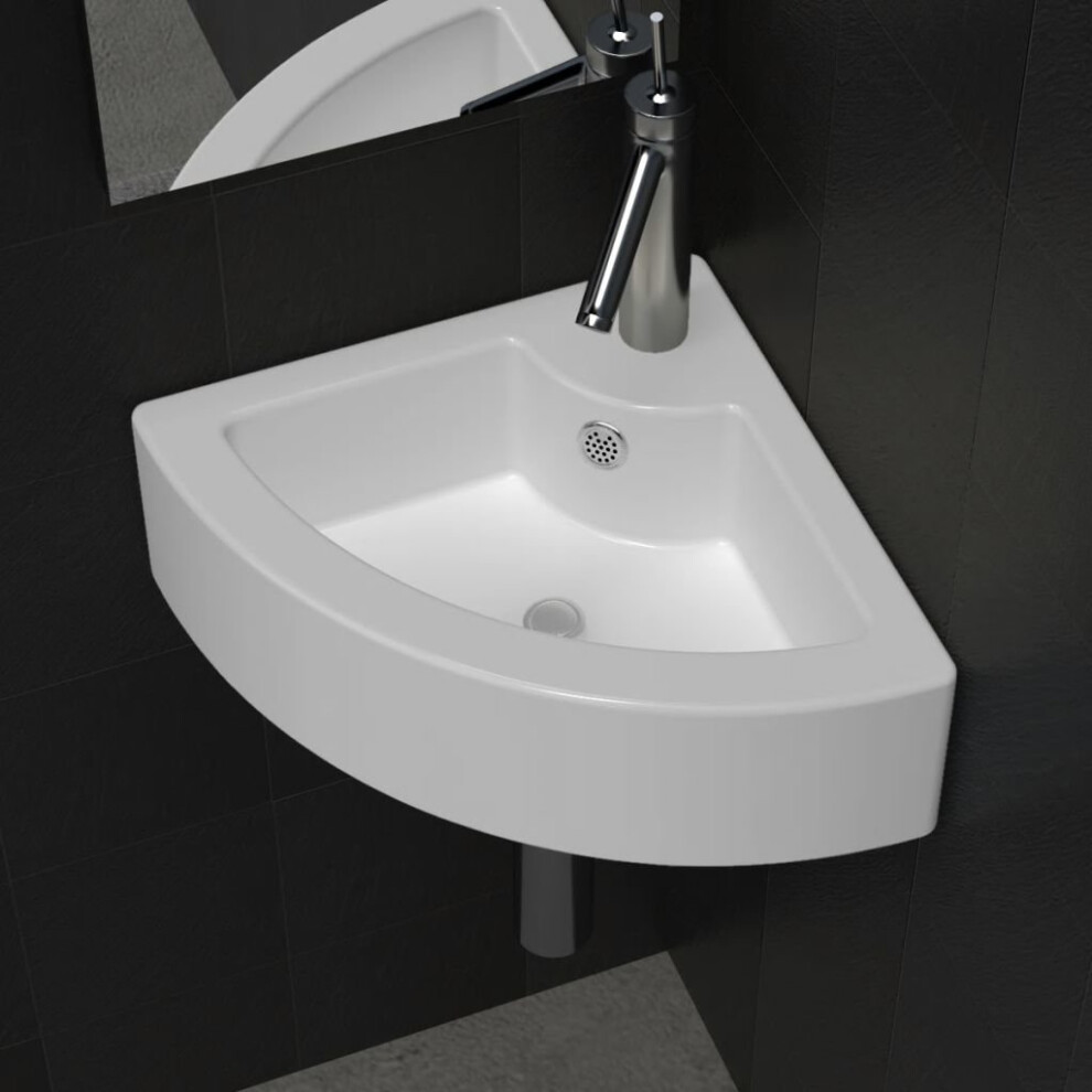 vidaXL Ceramic Sink Basin Faucet & Overflow Hole Bathroom Corner White Fixture