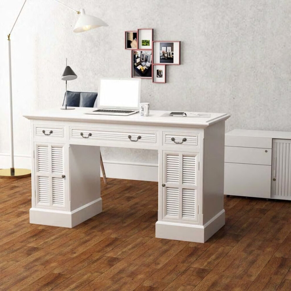 vidaXL Double Pedestal Computer Desk Table - White, 140x48x80 cm, 3 drawers + 2 cabinets, MDF & pinewood (244370)