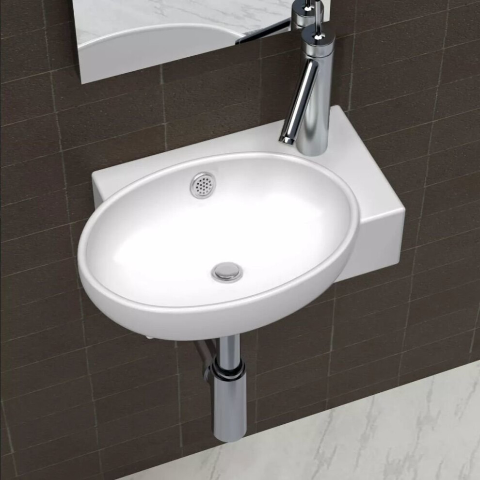 vidaXL Ceramic Sink Basin Faucet & Overflow Hole Bathroom White Oval Fixture