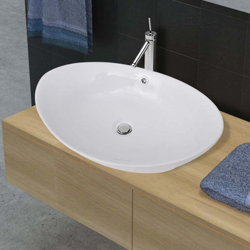 vidaXL Ceramic Basin Oval with Overflow 59x38.5x19cm Bathroom Fixture Sink