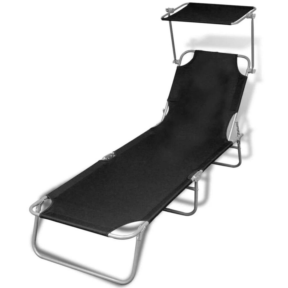 vidaXL Black Outdoor Fold-Up Sun Lounger With Canopy | Outdoor Foldable Garden Sunbed