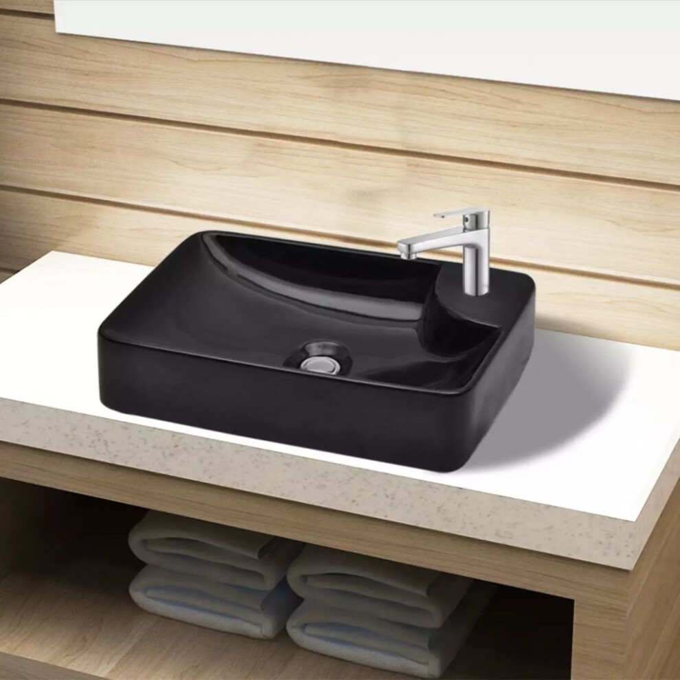 vidaXL Ceramic Black Above-Counter Sink Basin with 3.5 cm Faucet Hole, 4.5 cm Drain, 440x250x100 mm (Code 141935)