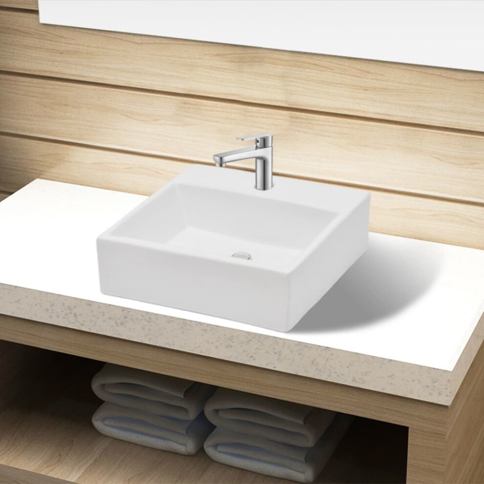 vidaXL Ceramic Bathroom Sink Basin with Faucet Hole White Square Counter Top