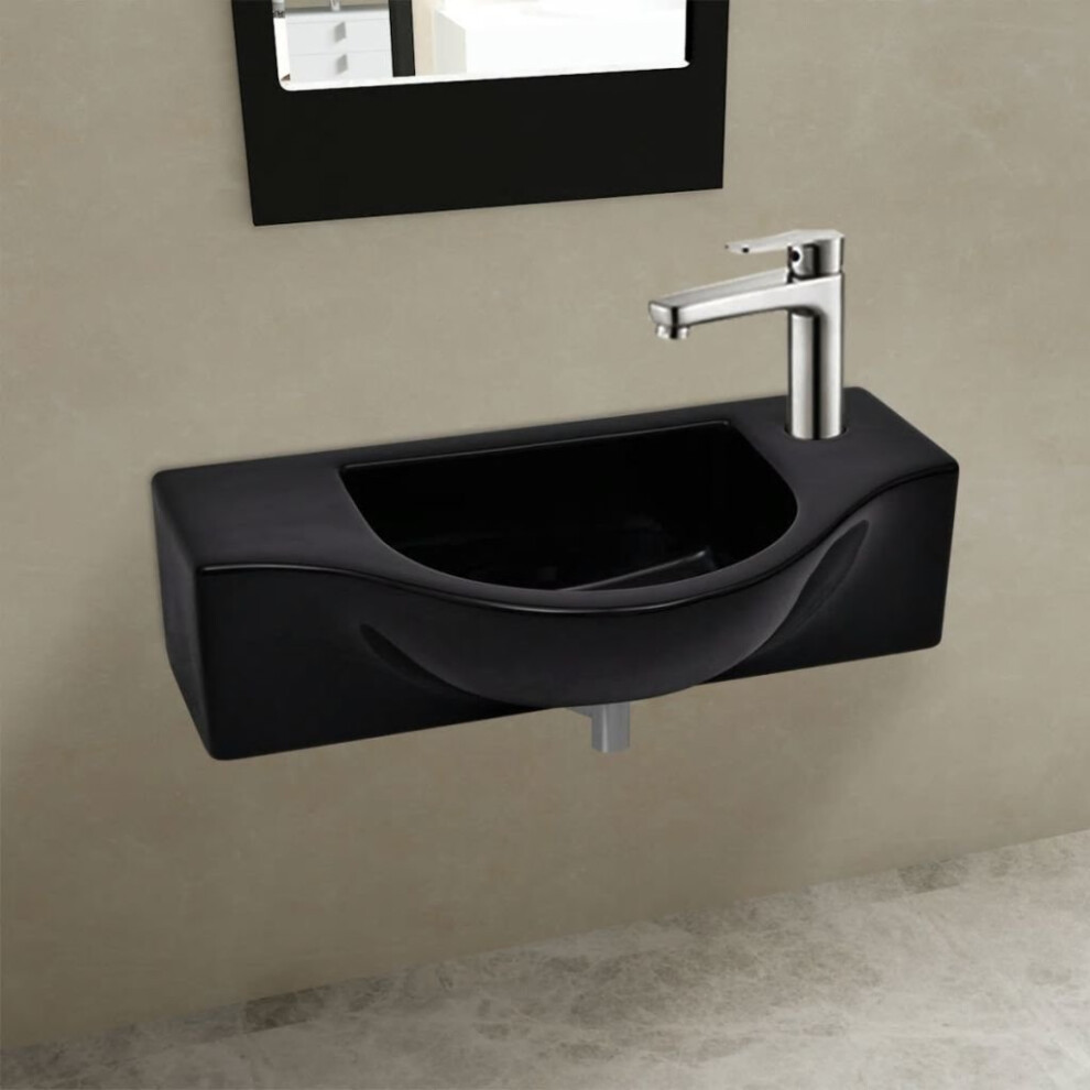 vidaXL Ceramic Bathroom Sink Basin with Faucet Hole Black Wall Hung Fixture