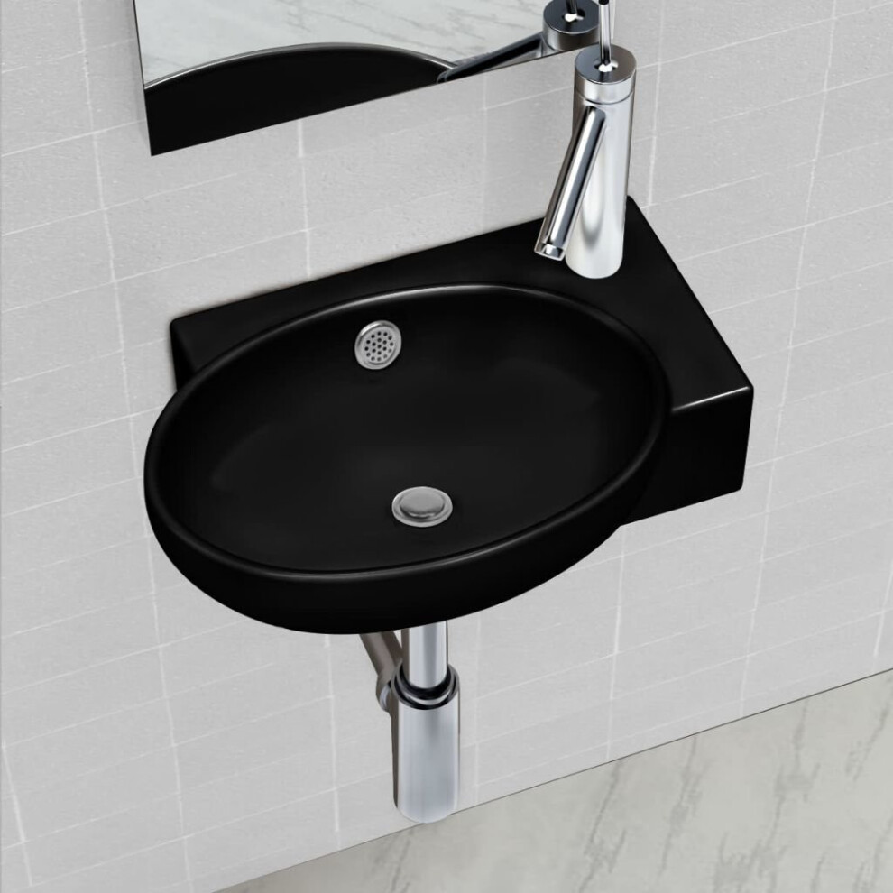 vidaXL Ceramic Bathroom Sink Basin Faucet/Overflow Hole Black Round Wall Hung