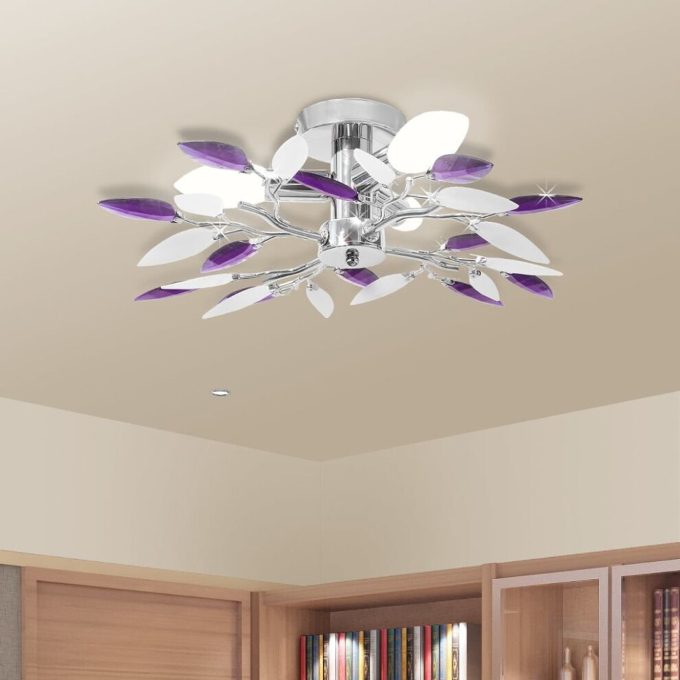 vidaXL Ceiling Lamp White & Purple Acrylic Crystal Leaf Arms 3 E14 Bulbs Light