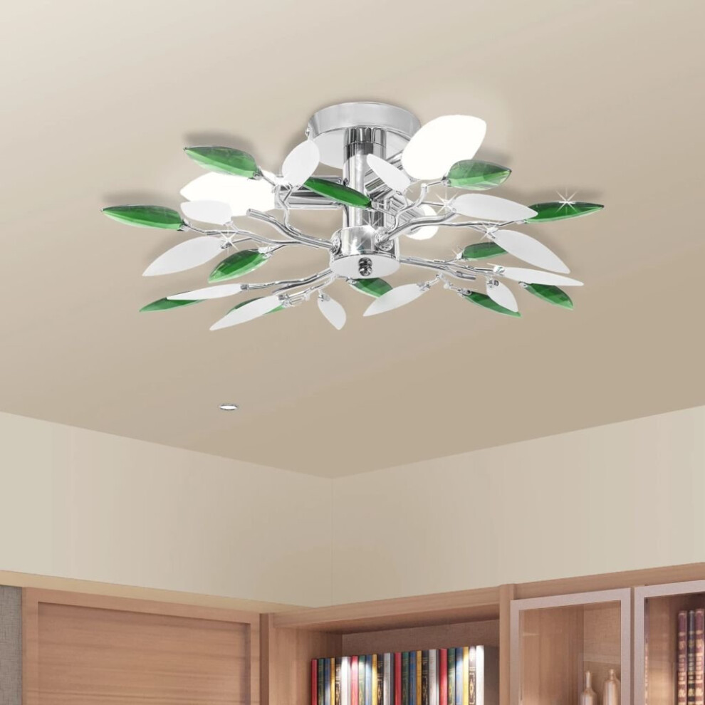 vidaXL Ceiling Lamp with White & Green Acrylic Crystal Leaf Arms 3 E14 Bulbs