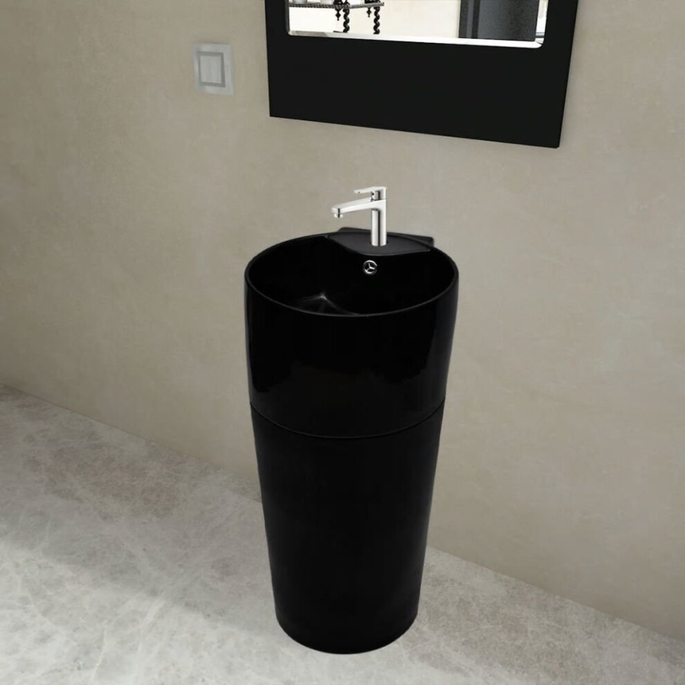 vidaXL Ceramic Stand Bathroom Sink Basin Faucet/Overflow Hole Black Round Bath