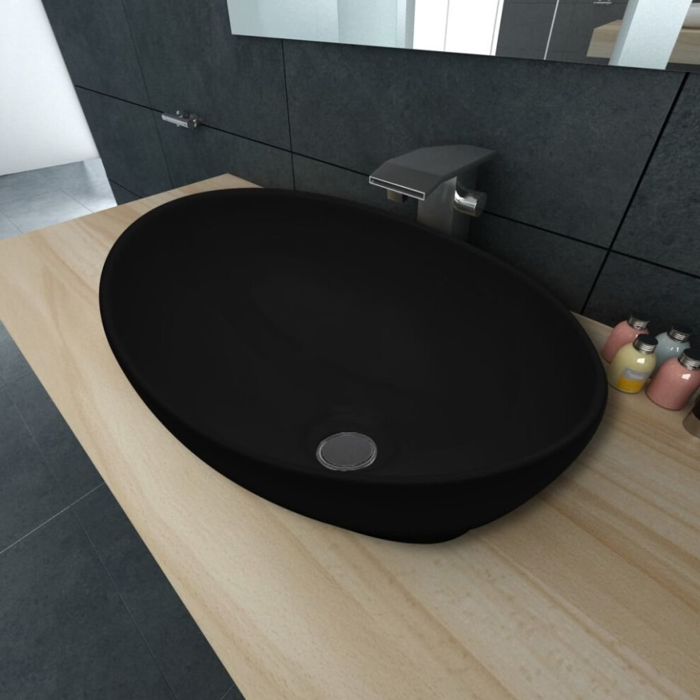 vidaXL Ceramic Basin Oval Black 40x33x13.5cm Bathroom Sink Countertop Fixture