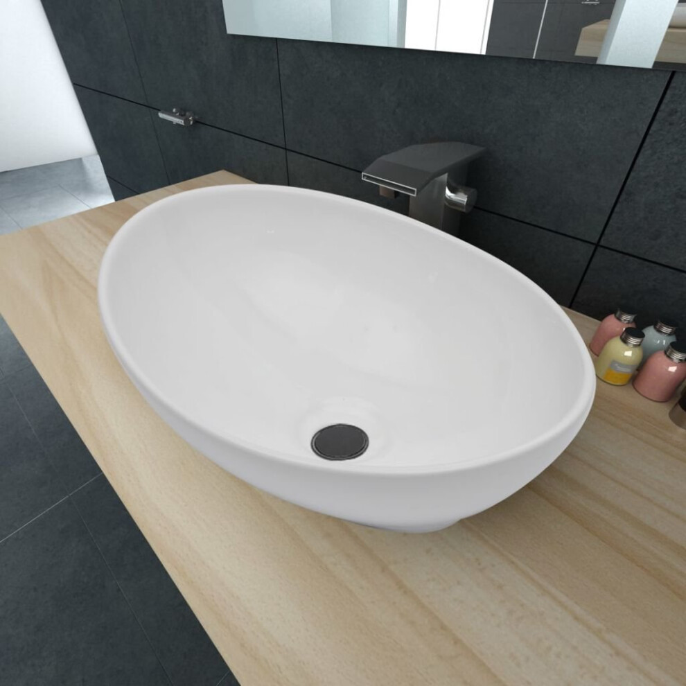 vidaXL Ceramic Basin Oval White 40x33x13.5 cm – Above-Counter Bathroom Sink, 4.5 cm Drain, 140674