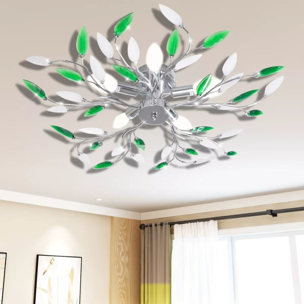 vidaXL Ceiling Lamp Green&White Acrylic Crystal Leaf Arms 5xE14 Bulbs Light