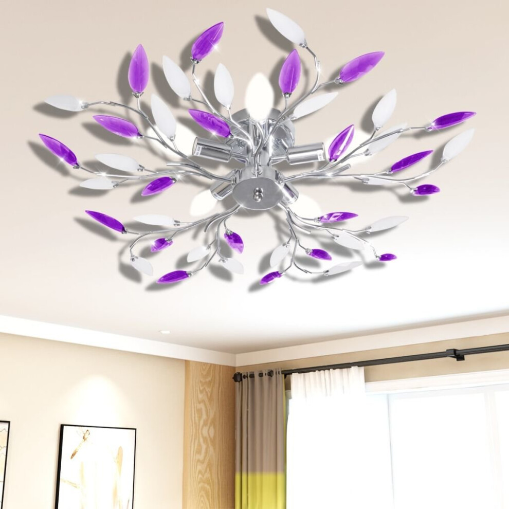 vidaXL Ceiling Lamp Purple&White Acrylic Crystal Leaf Arms 5xE14 Bulbs Light