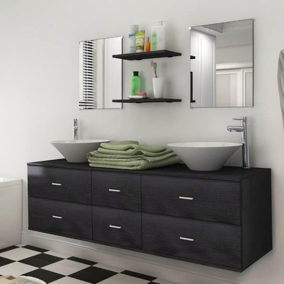 vidaXL Bathroom and Basin Set 7 Piece Black Cabinet Mirror Vanity Cabinet