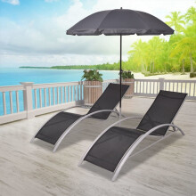 vidaXL Sun Lounger Set 3 pcs with Umbrella Aluminium Black Patio Bench Chairs
