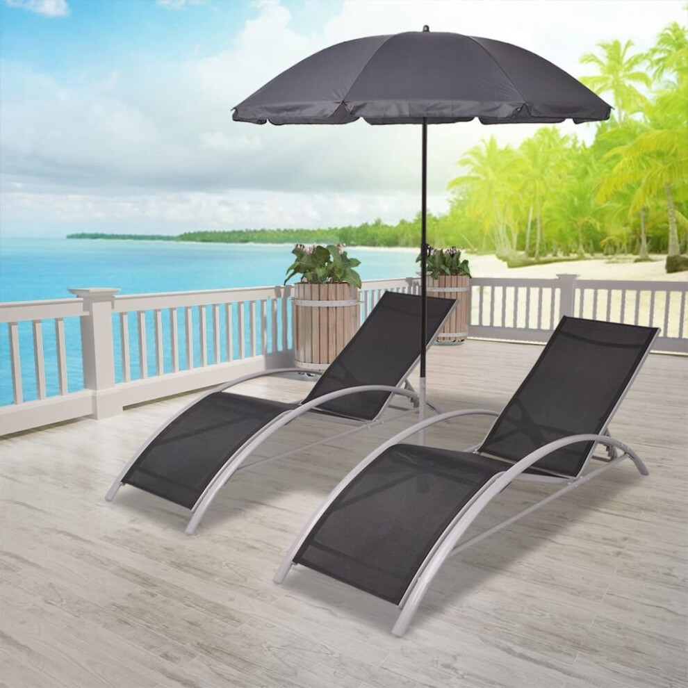 vidaXL Sun Lounger Set 3 pcs with Umbrella Aluminium Black Patio Bench Chairs