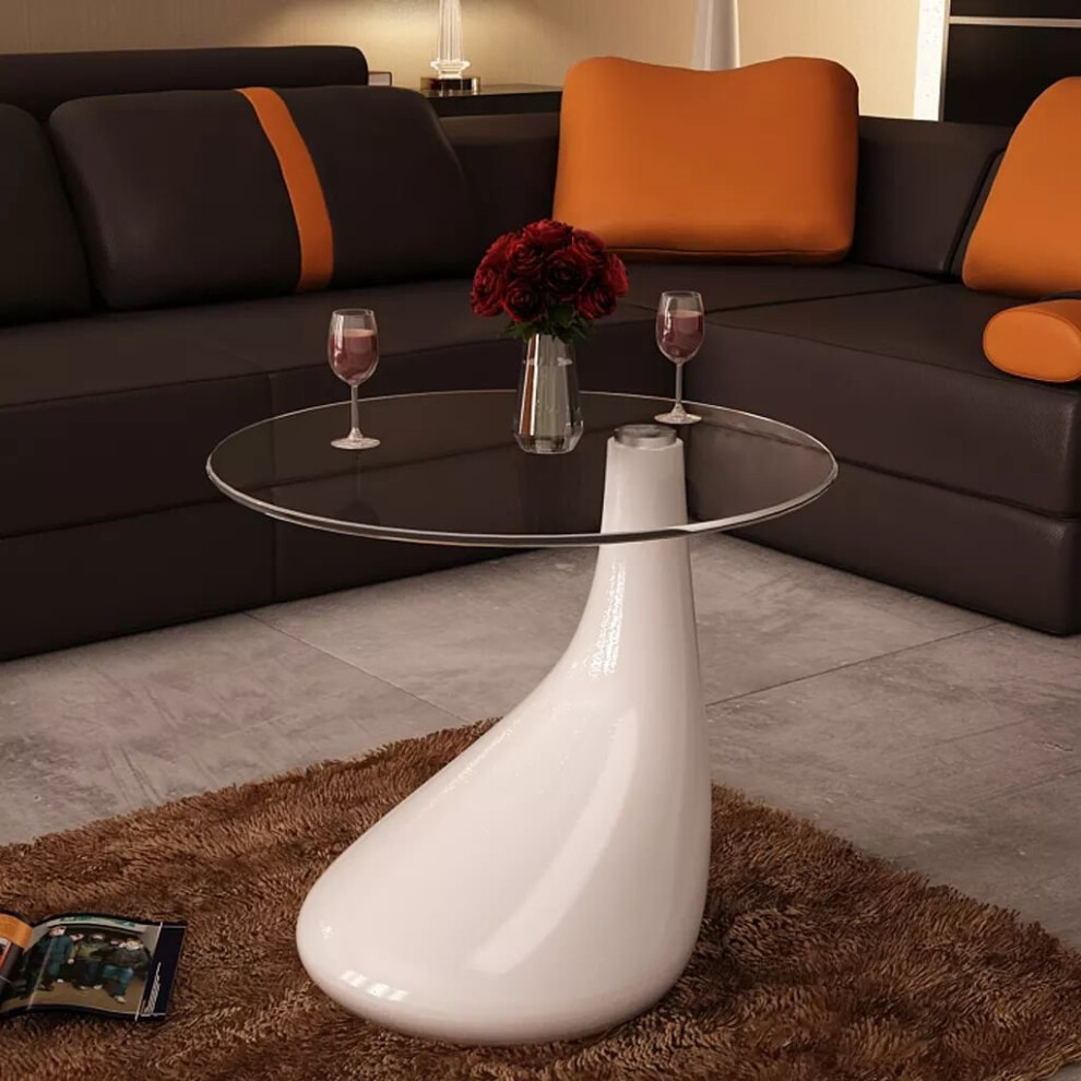 vidaXL Coffee Table with Round Glass Top High Gloss White Telephone Stand