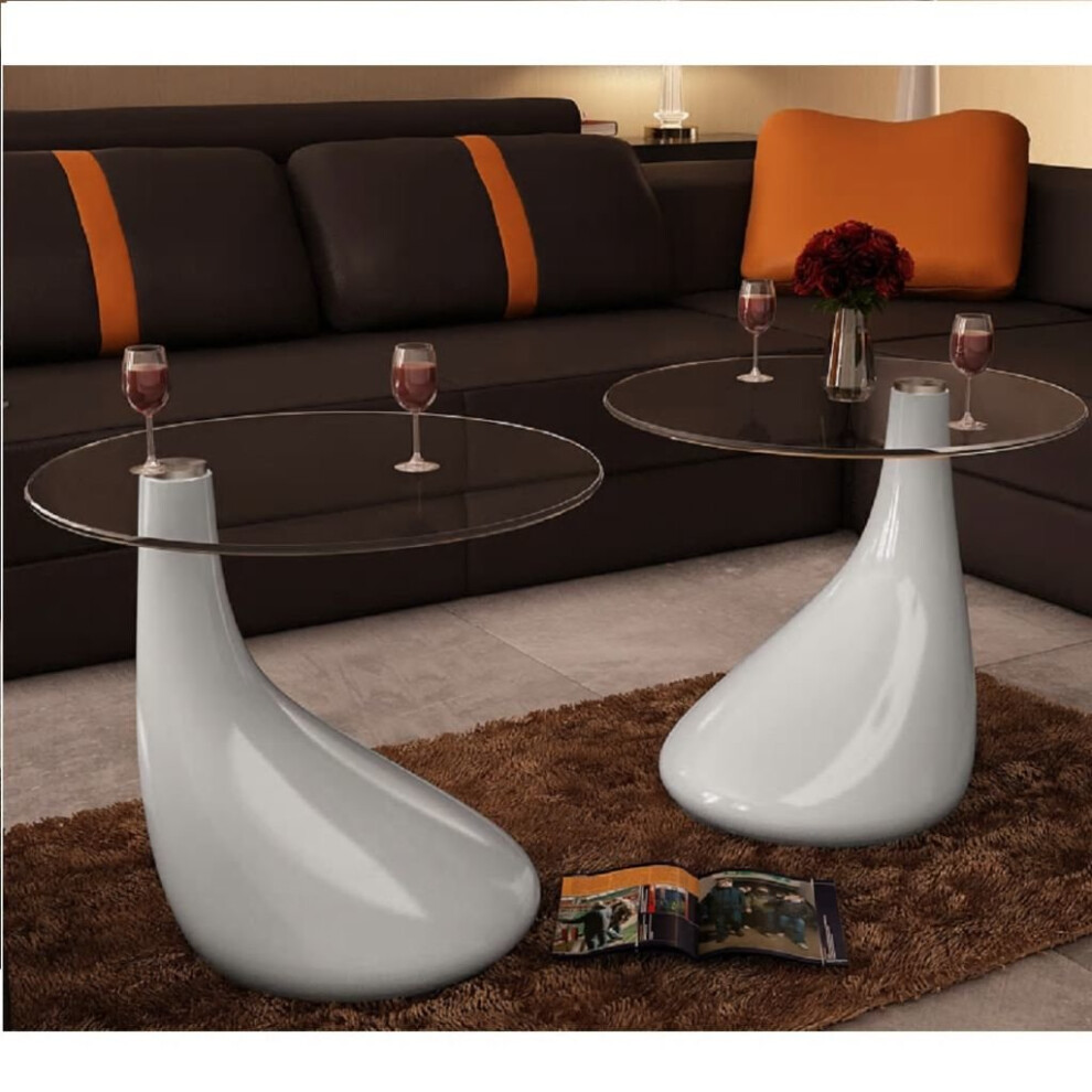 2pc Modern High Gloss Glass Top Drop Coffee Table White Side Dinner Office Home