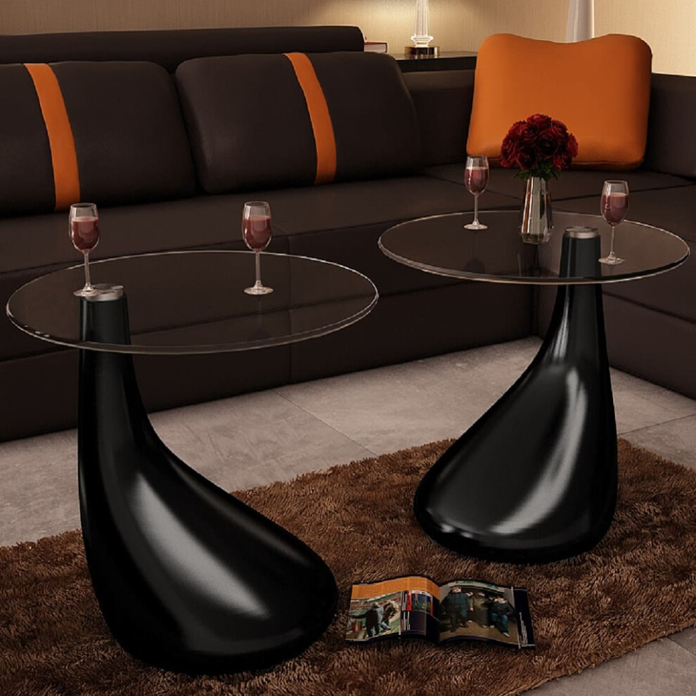 vidaXL 2x Coffee Table with Round Glass Top High Gloss Black Home Furniture