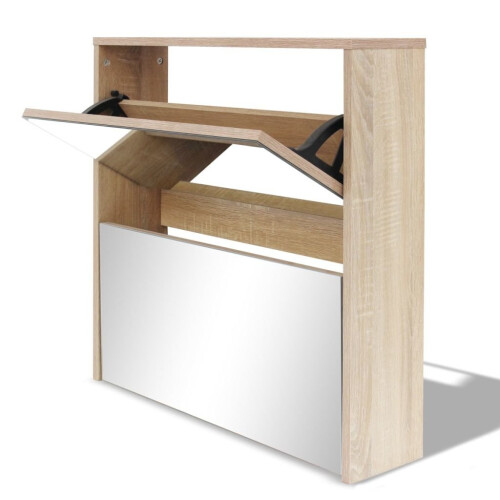VidaXL vidaXL Shoe Cabinet 2-Layer Mirror Oak Storage Organiser Pull-down Drawer 1