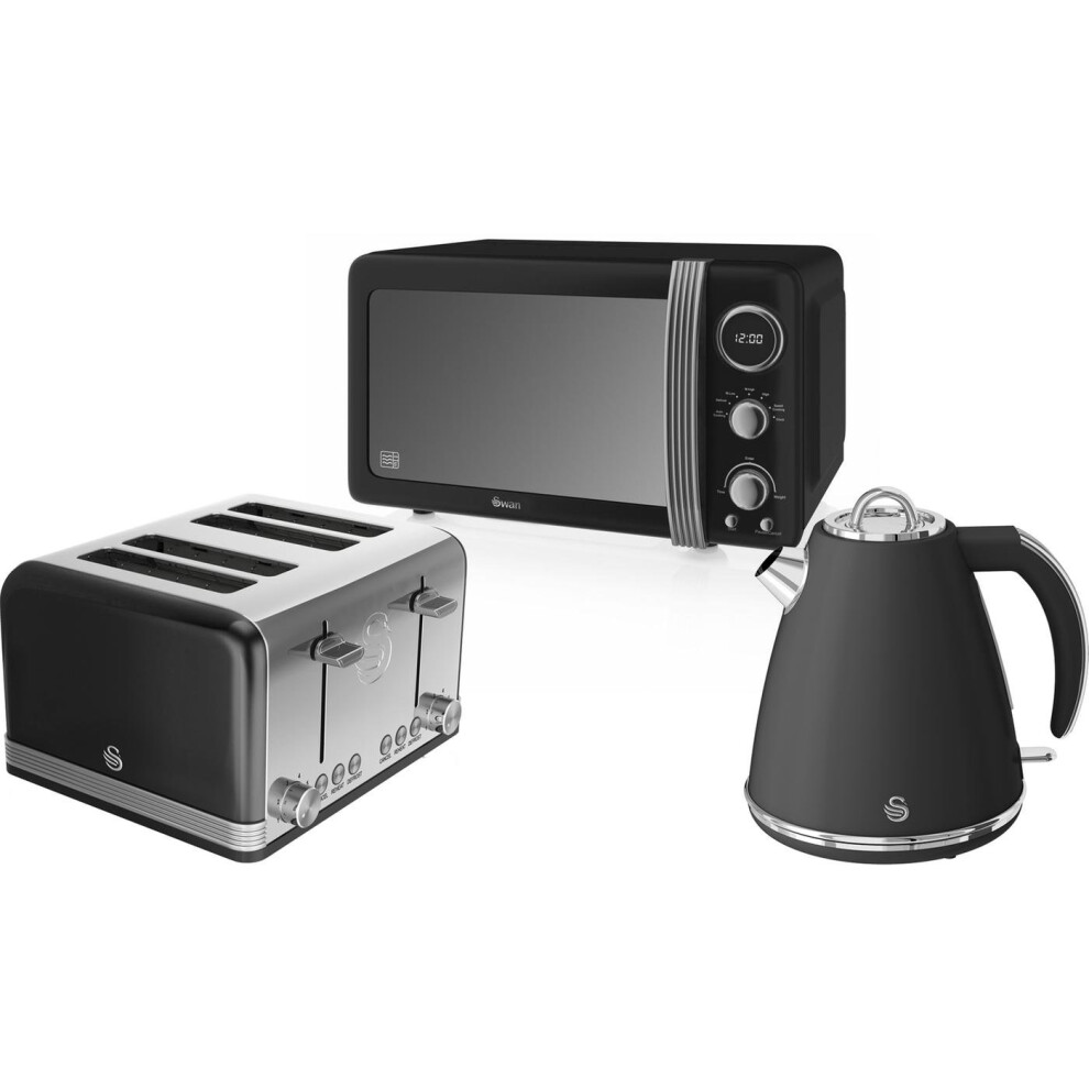 (Black) Swan Retro 800W Digital Microwave, 1.5L Jug Kettle & 4 Slice Toaster