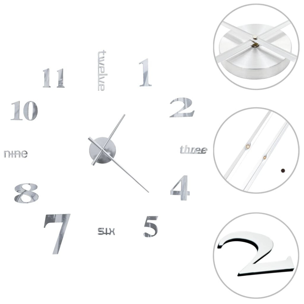 Vidaxl 3D Wall Clock Modern Design 100Cm Xxl Silver Home Office Analog Timer