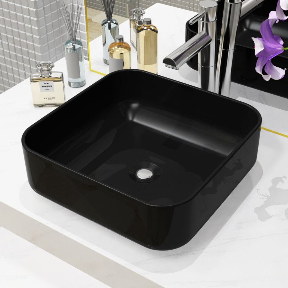 vidaXL Basin Ceramic Square Black 38x38x13.5cm Bathroom Countertop Wash Sink
