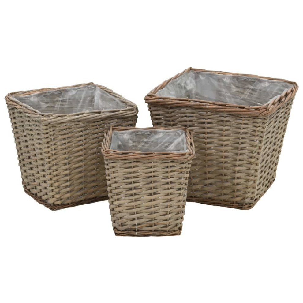 vidaXL 3x Planter Wicker with PE Lining Real Rattan Plant Flower Basket Bin