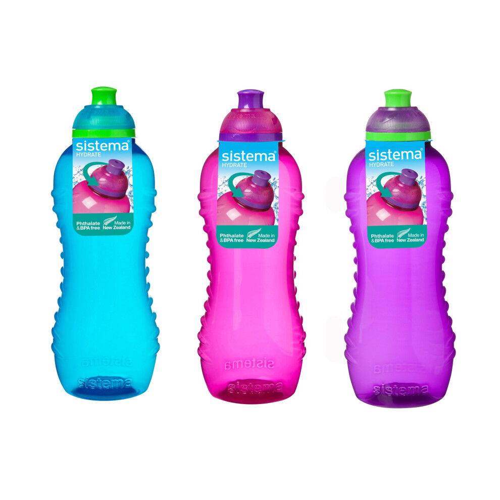 3 Sistema 460ml Twist n Sip Drink Bottles, Blue, Pink, Purple