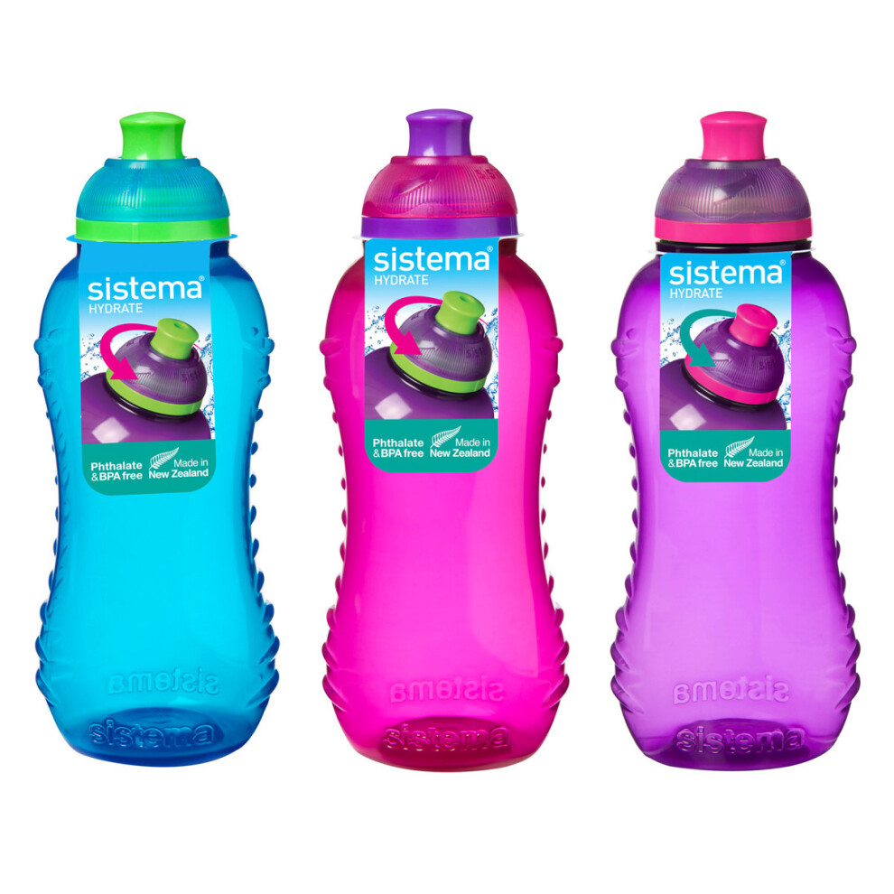 3 Sistema 330ml Twist n Sip Drink Bottles, Blue, Pink, Purple