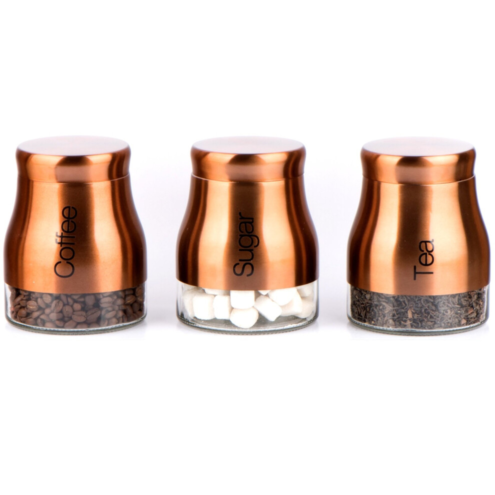 SET OF 3 COPPER STORAGE CANISTERS TEA COFFEE SUGAR JARS