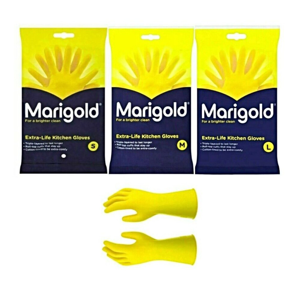 (SMALL) 6 PAIRS MARIGOLD KITCHEN GLOVES ORIGINAL S / M / L EXTRA LIFE CLEANING & WASHING