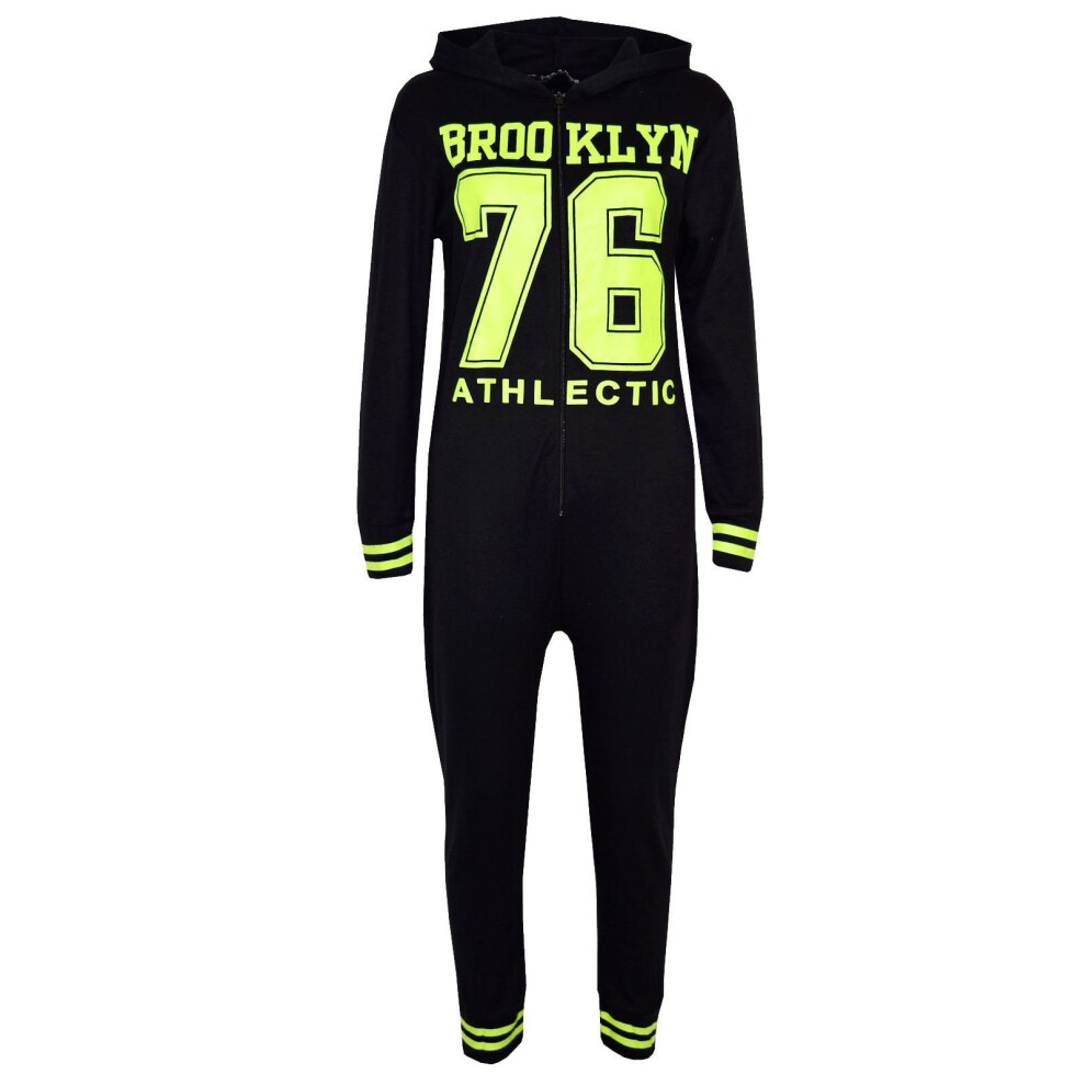 (11-12 Years, Black & Neon Green) Kids Girls Boys Onesie BROOKLYN 76 ATHLECTIC All In One Jumpsuit PJ's 7-13 Years