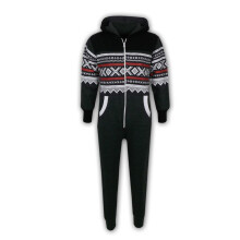 (11-12 Years, Charcoal & Black) Kids Girls Boys Aztec Snowflake Print Hooded Onesie All In One Jumpsuit Age 5-13