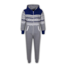 (5-6 Years, Grey & Royal Blue) Kids Girls Boys Aztec Snowflake Print Hooded Onesie All In One Jumpsuit Age 5-13