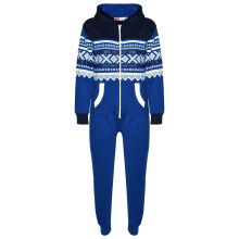 (11-12 Years, Navy & Royal Blue) Kids Girls Boys Aztec Snowflake Print Hooded Onesie All In One Jumpsuit Age 5-13