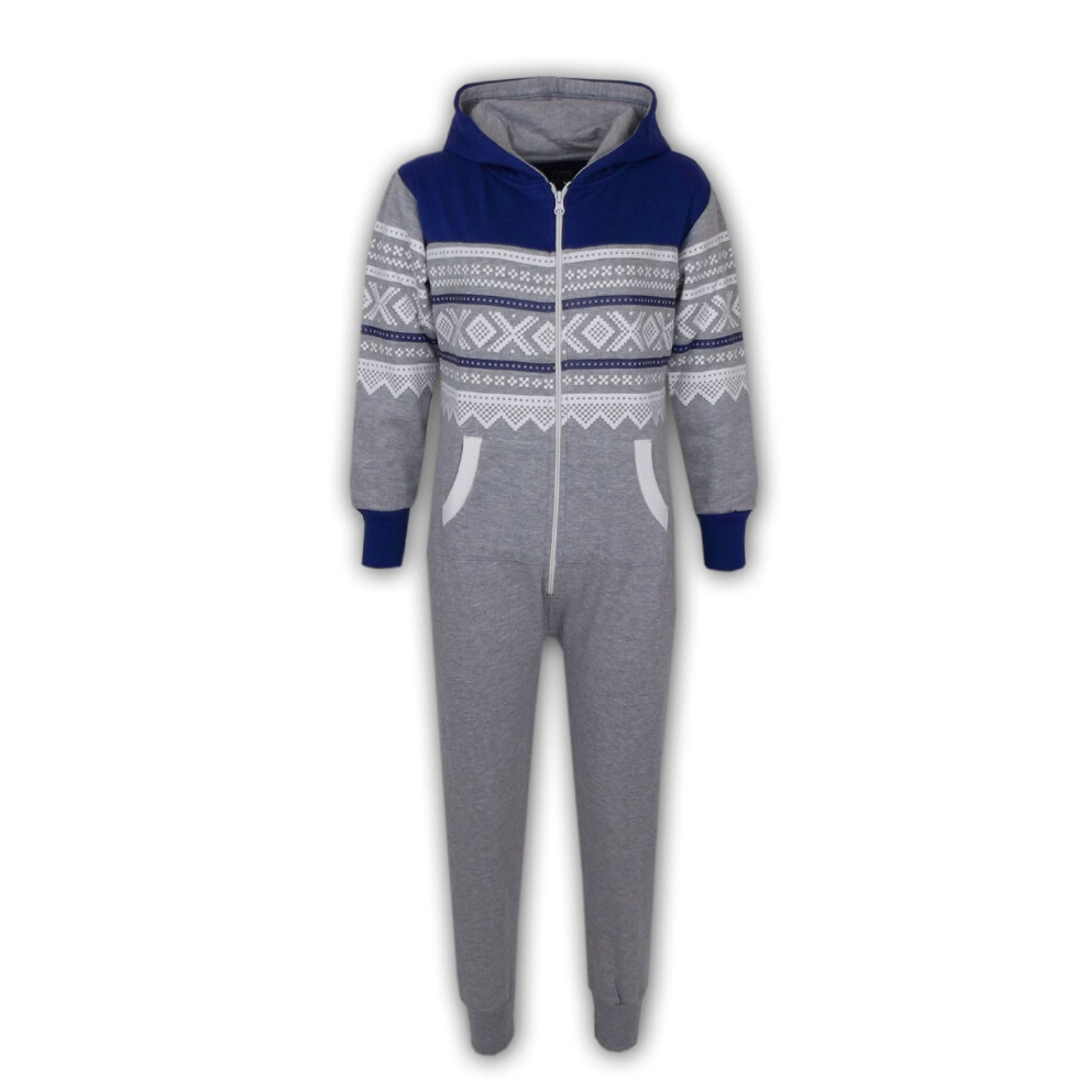 (11-12 Years, Grey & Royal Blue) Kids Girls Boys Aztec Snowflake Print Hooded Onesie All In One Jumpsuit Age 5-13