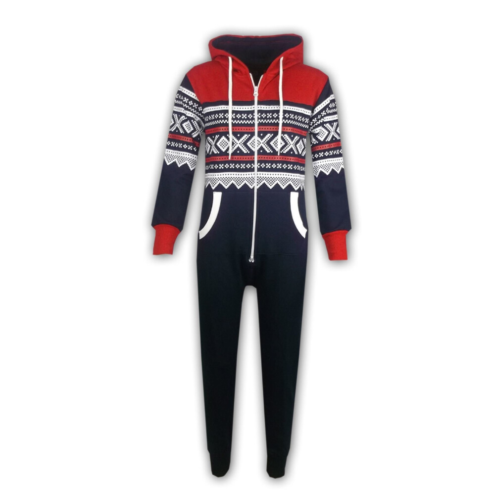 (9-10 Years, Navy & Red) Kids Girls Boys Aztec Snowflake Print Hooded Onesie All In One Jumpsuit Age 5-13