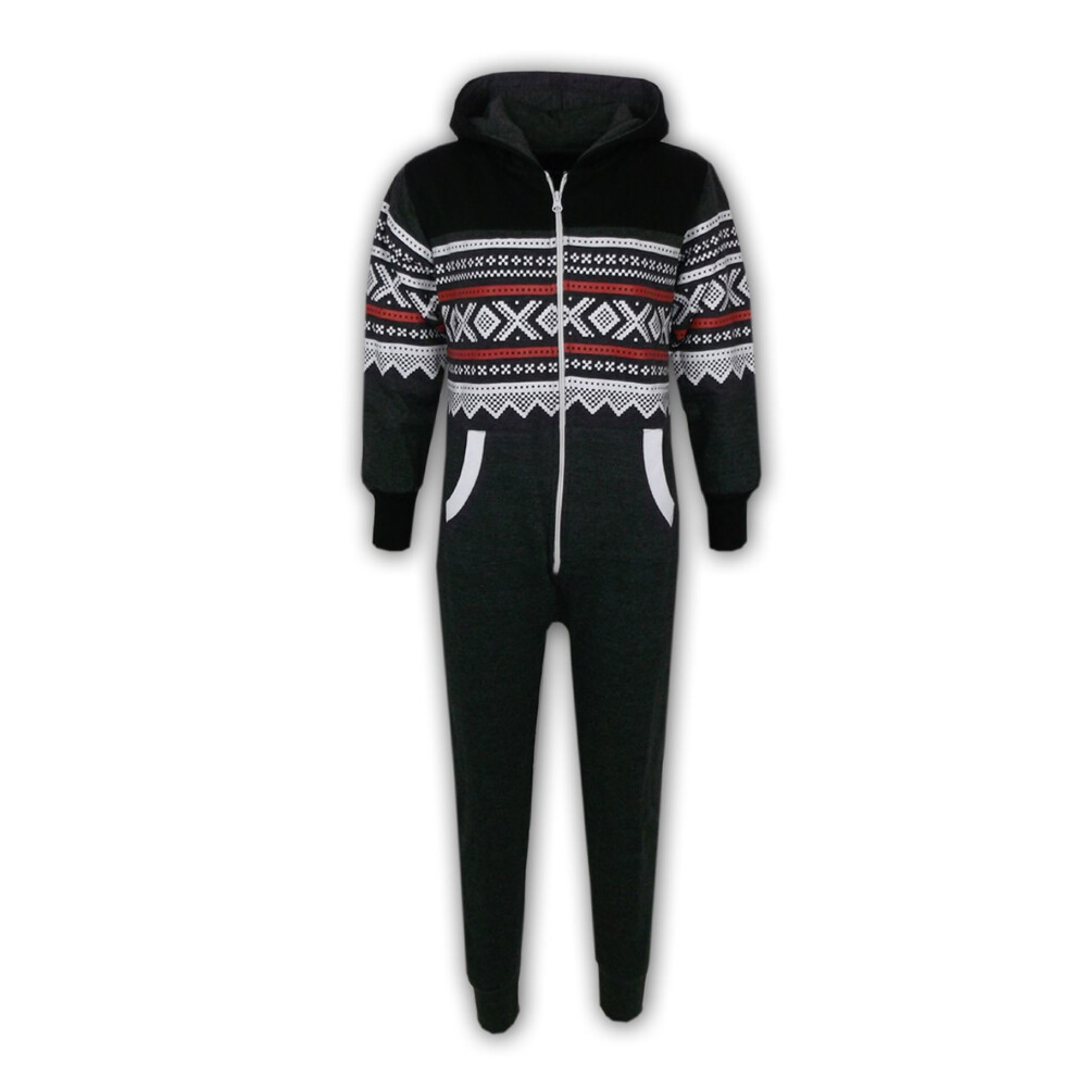 (9-10 Years, Charcoal & Black) Kids Girls Boys Aztec Snowflake Print Hooded Onesie All In One Jumpsuit Age 5-13