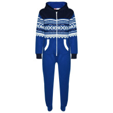(7-8 Years, Navy & Royal Blue) Kids Girls Boys Aztec Snowflake Print Hooded Onesie All In One Jumpsuit Age 5-13