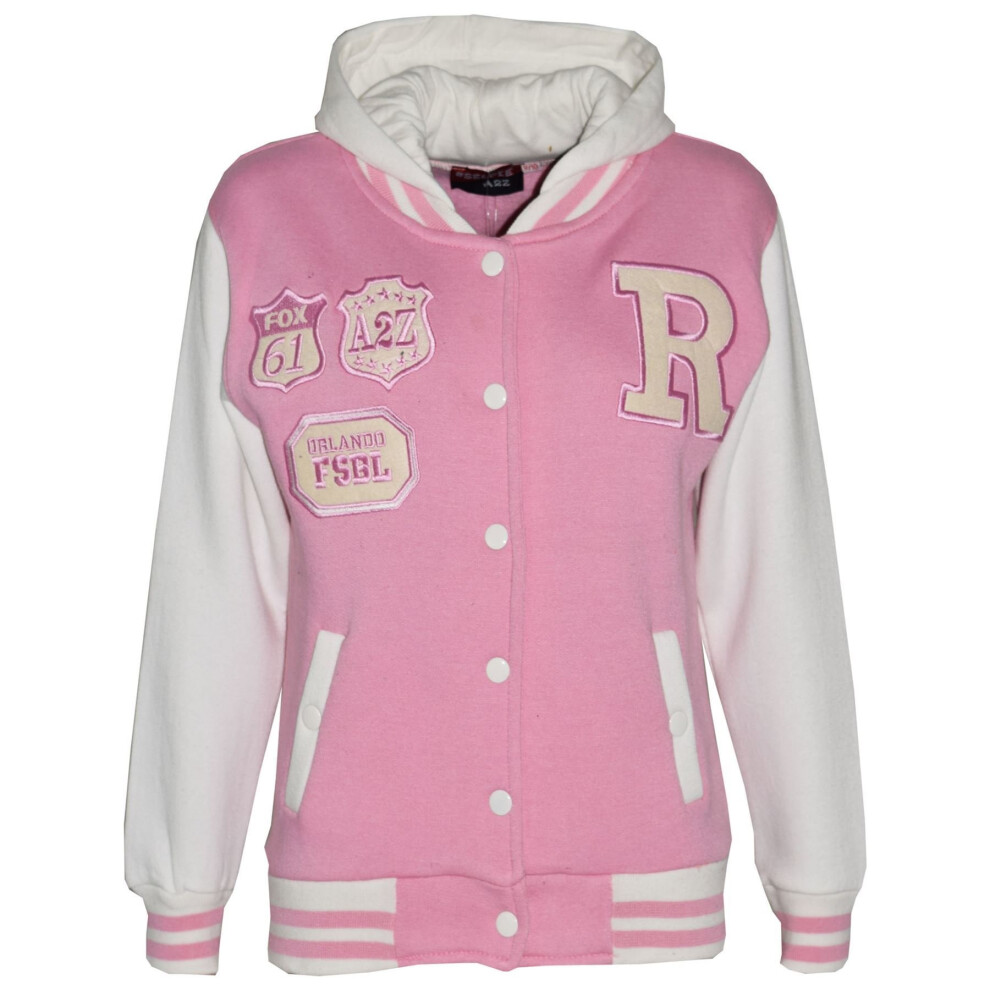 (11-12 Years) Kids Girls Designer's R Fashion Baseball Baby Pink Hooded Jackets Varsity Hoodie