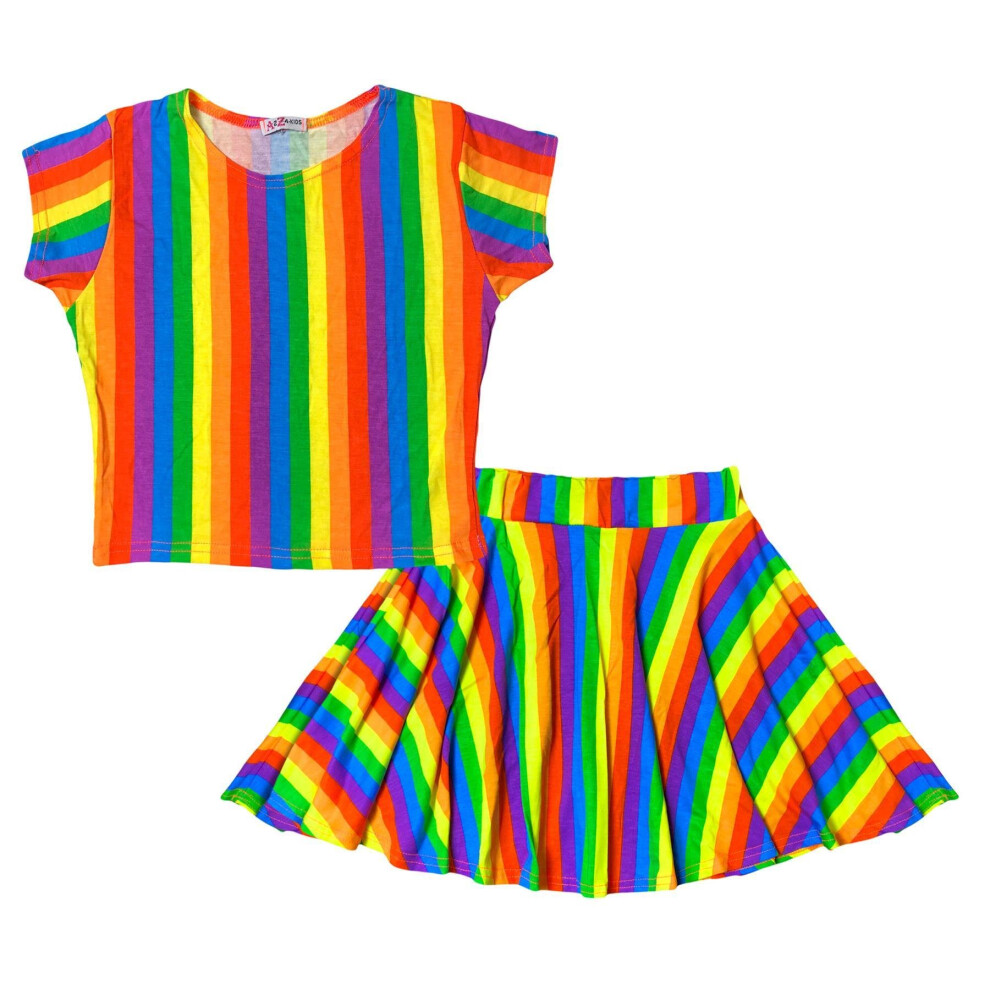 (7-8 Years) Kids Girls Rainbow Crop Top Skirt Multi Color Summer Wear Outfit Set 7-13 Years