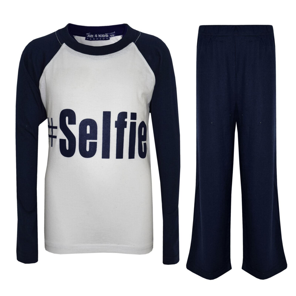 (11-12 Years, Navy) Kids Girls Boys PJ's " #SELFIE " Printed Stylish Pyjamas New Age 5-13 Years